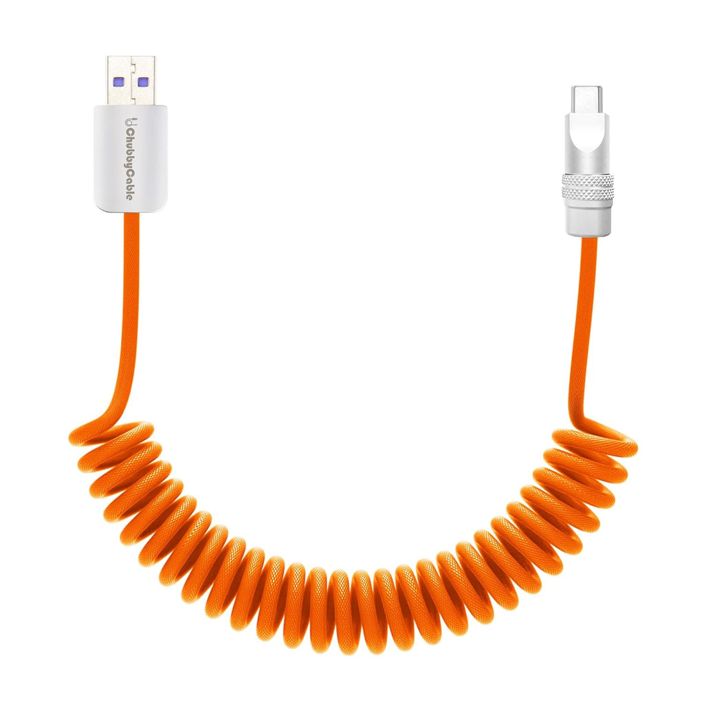 chubbycable Curly Chubby - Retractable Fast Charging Cable 240W Coiled Charger Cord for Car Durable USB-C Cable for Phones, Tablets and More, Orange, USB-A to Type-C, 1.3FT-2.3FT