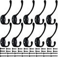 IBosins 10 Pack Heavy Duty Dual Coat Hooks Wall Mounted with 40 Screws Retro Double Hooks Utility Black No Rust Hooks for Coat, Scarf, Bag, Towel, Key, Cap, Cup, Hat (Black)