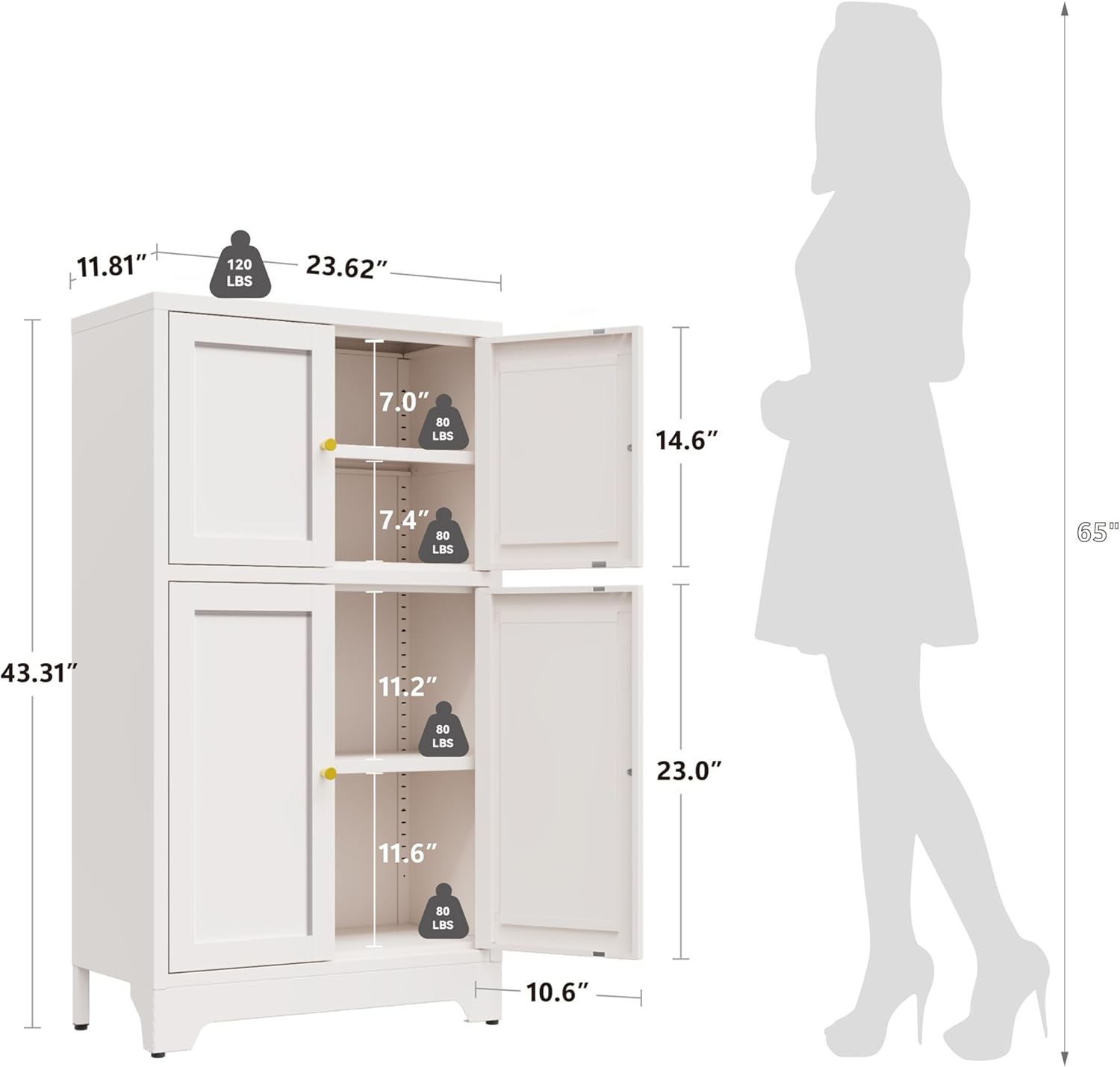 White Bathroom Floor Cabinet, Metal Storage Cabinet with 2 Adjustable Shelves & 4 Doors,Freestanding Sideboard for Dining Room,Living Room, Home Office