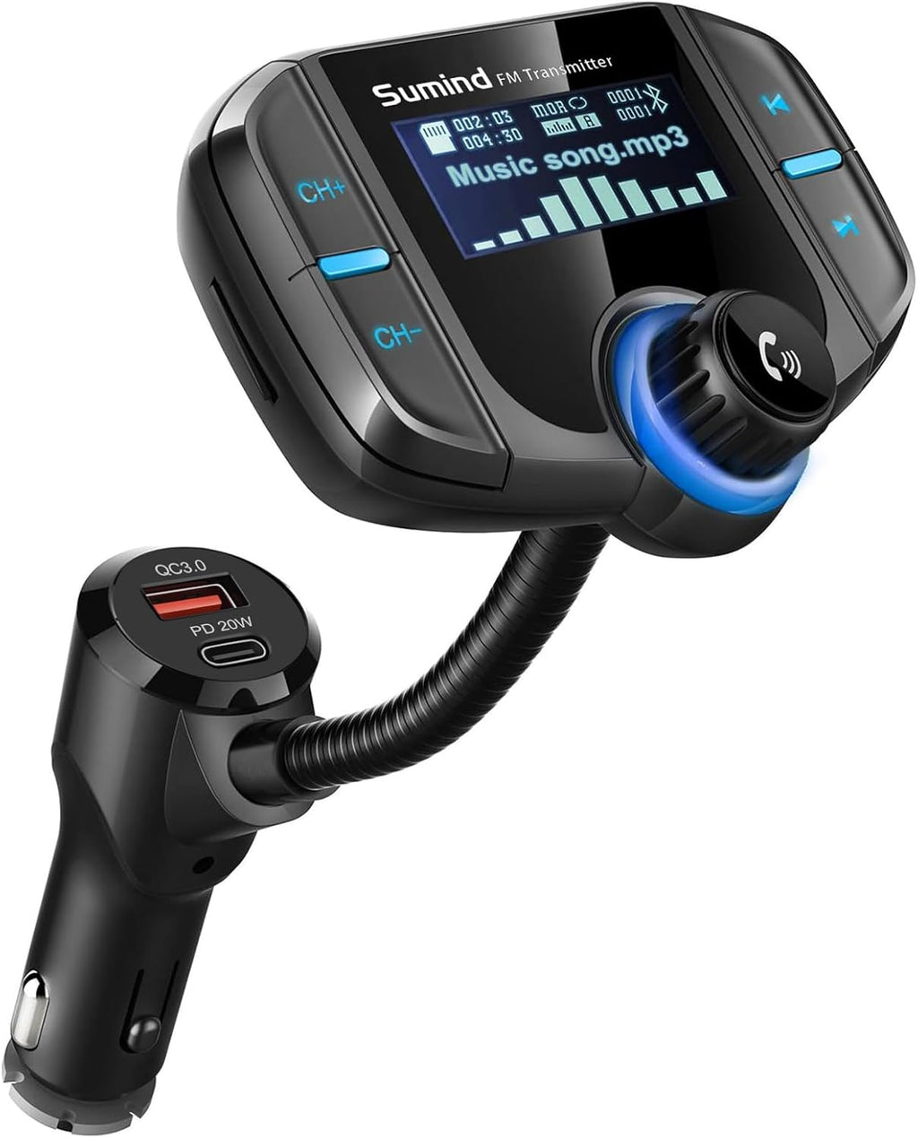 Upgraded Bluetooth FM Transmitter, Wireless Radio Adapter Hands Free Car Kit with 1.7'' Display, QC3.0 and Smart 2.4Amp Dual USB Ports, AUX Input/Output, TF Card Mp3 Player (PD, Black)