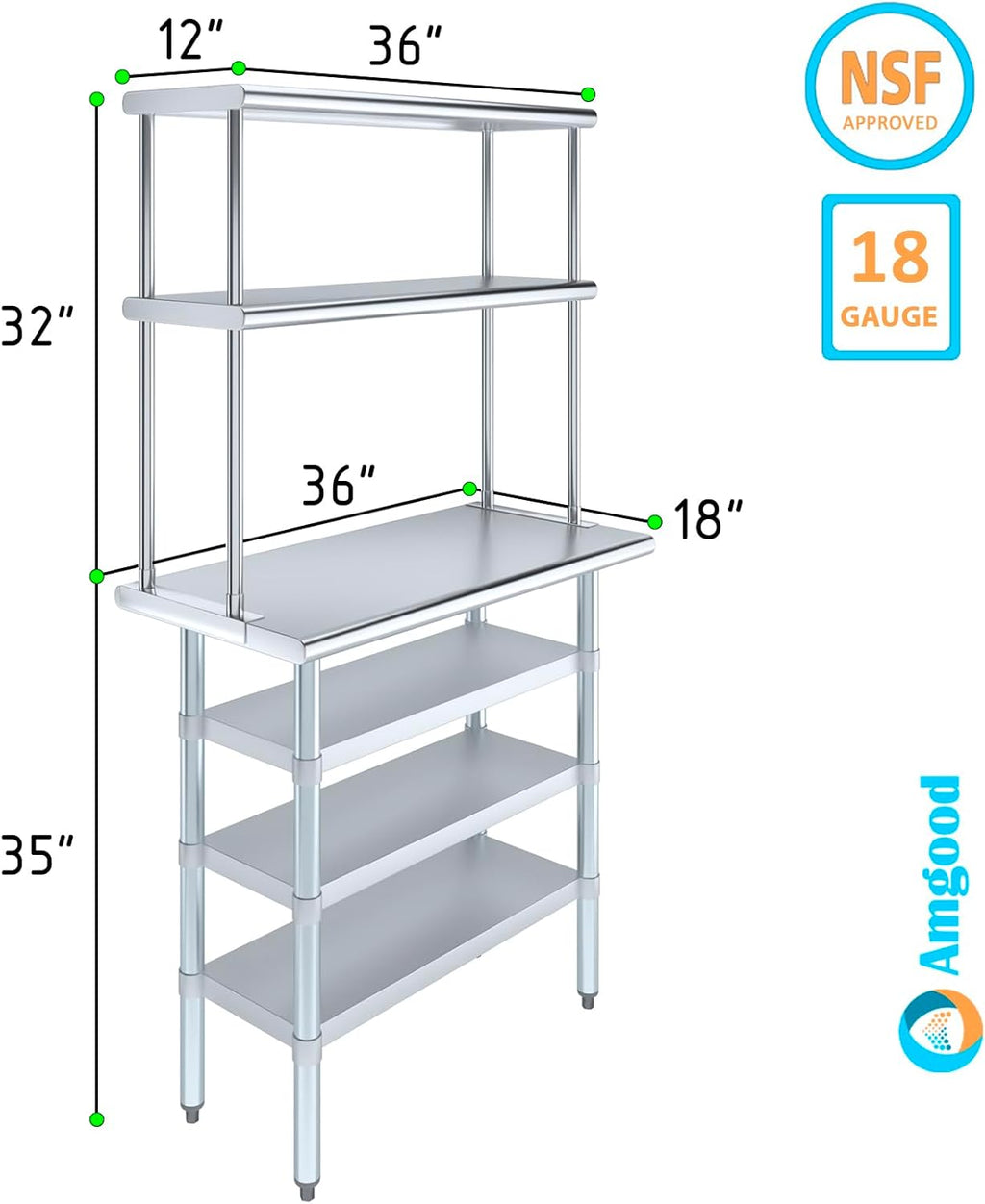 Amgood 18" x 36" Stainless Steel Work Table with 3 Shelves and 12" Wide Double Tier Overshelf | Metal Kitchen Prep Table & Shelving Combo | NSF