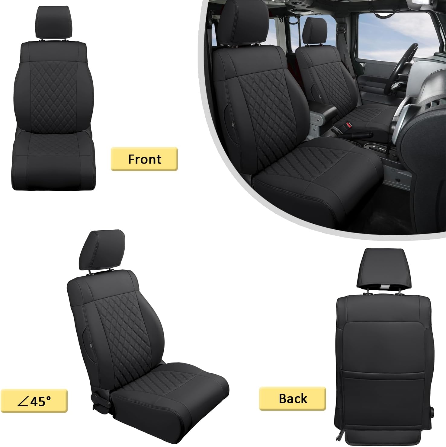 GIANT PANDA Customized Full Set Car Seat Covers for Jeep Wrangler 4 Door JK Unlimited Sahara Sport Rubicon X 2008 2009 2010, Faux Leather - (Black)
