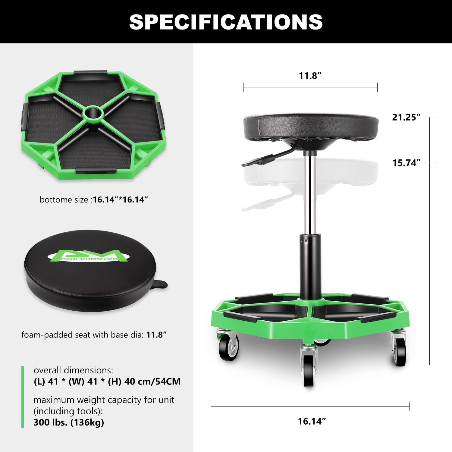 PM PERFORMOTOR Adjustable Height Pneumatic Garage Seat Rolling Mechanic Stool with Tool Tray Storage,300lbs Max Weight Capacity, Green,PM-TOL-ATS-GR