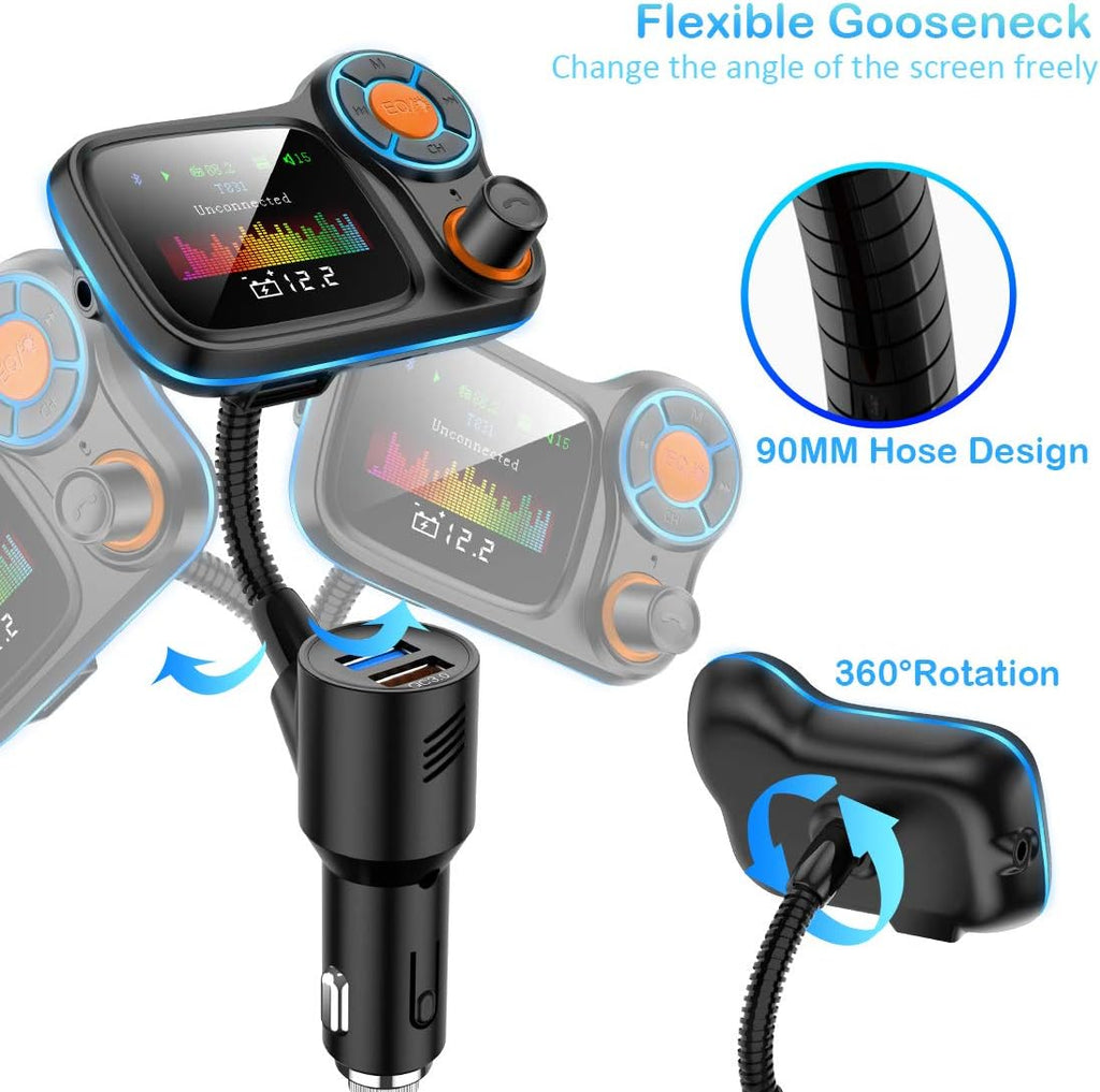 TSNAM Wireless Car Bluetooth Adapter,Radio FM Transmitters HandsFree Call Receiver and MP3 Music/APP Audio Play,QC3.0 and Smart 2.4A Dual USB Charger,1.8" Color Display,Aux Port,TF Card
