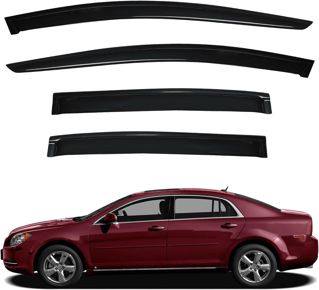 Window Visors Sun/Rain Guard Compatible with 2008 2009 2010 2011 2012 Chevy Malibu 08-12 Malibu Front+Rear Smoke Tint Outside Mount Tape-On Vent Window Wind Deflectors