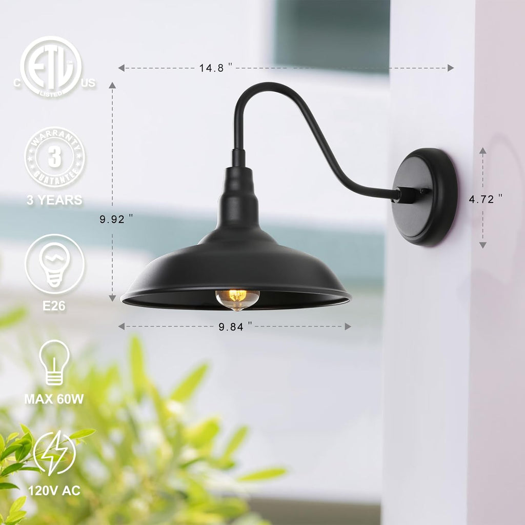 Black Gooseneck Barn Light for Farmhouse 10 Inch Dome Exterior Lights Fixture with Wall Mount, Outdoor Wall Sconce for Garage Porch Patio