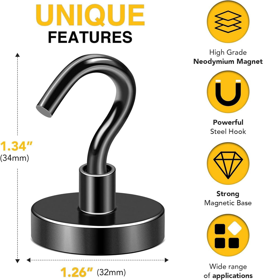 DIYMAG Black Magnetic Hooks, 118 LB Heavy Duty Strong Magnets with Hook, Rare Earth Neodymium Magnet for Cabins Cruise Ship Essentials 8 Packs