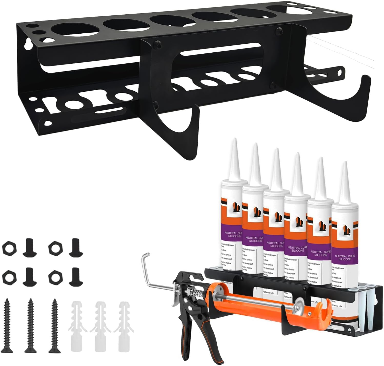 Siligun Caulking Gun Rack, Grease Gun Holder, Wall Mount Silicone Caulking Tools, Work Van Organizers And Storage Tube For Workshop Holds 6 Caulking Tubes And Caulking Nozzle (Black)