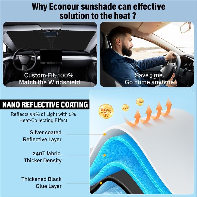 Toyota 4Runner 2010-2024 2025 - Protective Foldable 4 Layers Front Window Shade - EcoNour 240T Custom Fit Compatible for Retractable Shade Blocks UV Rays - Keeps Car Cool - Toyota 4Runner Accessories.