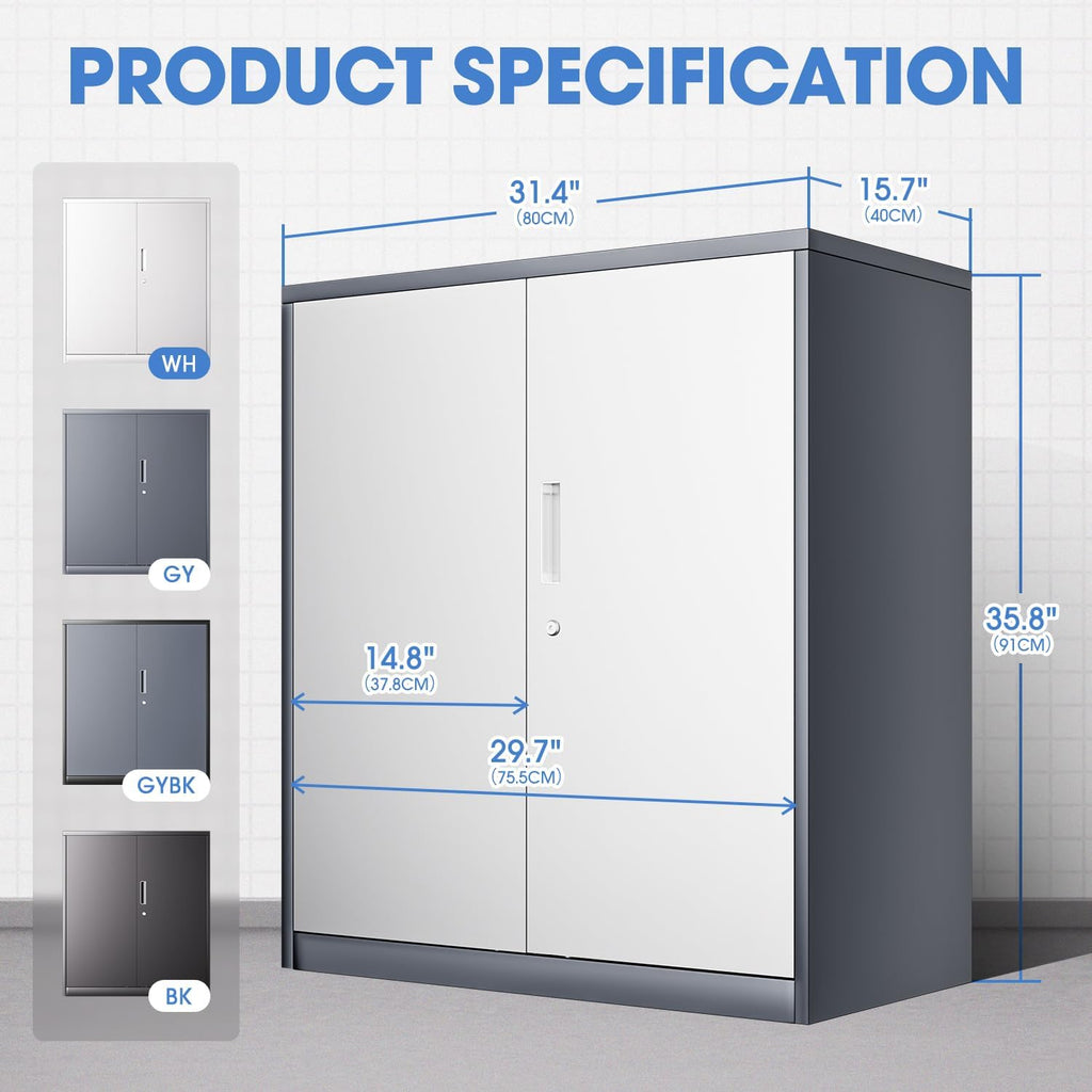 DNA MOTORING 36'' Metal Storage Cabinet, Locking Tool Cabinet with 2 Doors and 2 Adjustable Shelves, Heavy Duty Metal Locker for Garage,Office,Home,Gym, Gray White, TOOLS-00631-GY-WH-A