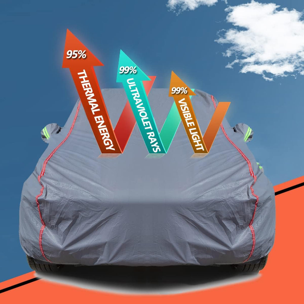 AUQDD 6-Layers PEVA New Material Sedan SUV Full Padded Car Cover Waterproof All Weather Weatherproof UV Sun Protection Snow Dust Storm Resistant Outdoor Exterior Custom Form-Fit Straps 197"-208" Grey