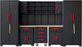 Garage Cabinet Storage System - 9-Piece Workshop Set w/Steel Cabinets & Workbench Includes Rolling Chest & Pegboard | Heavy-Duty Black & Red Tool Organization for Garage/Workshop