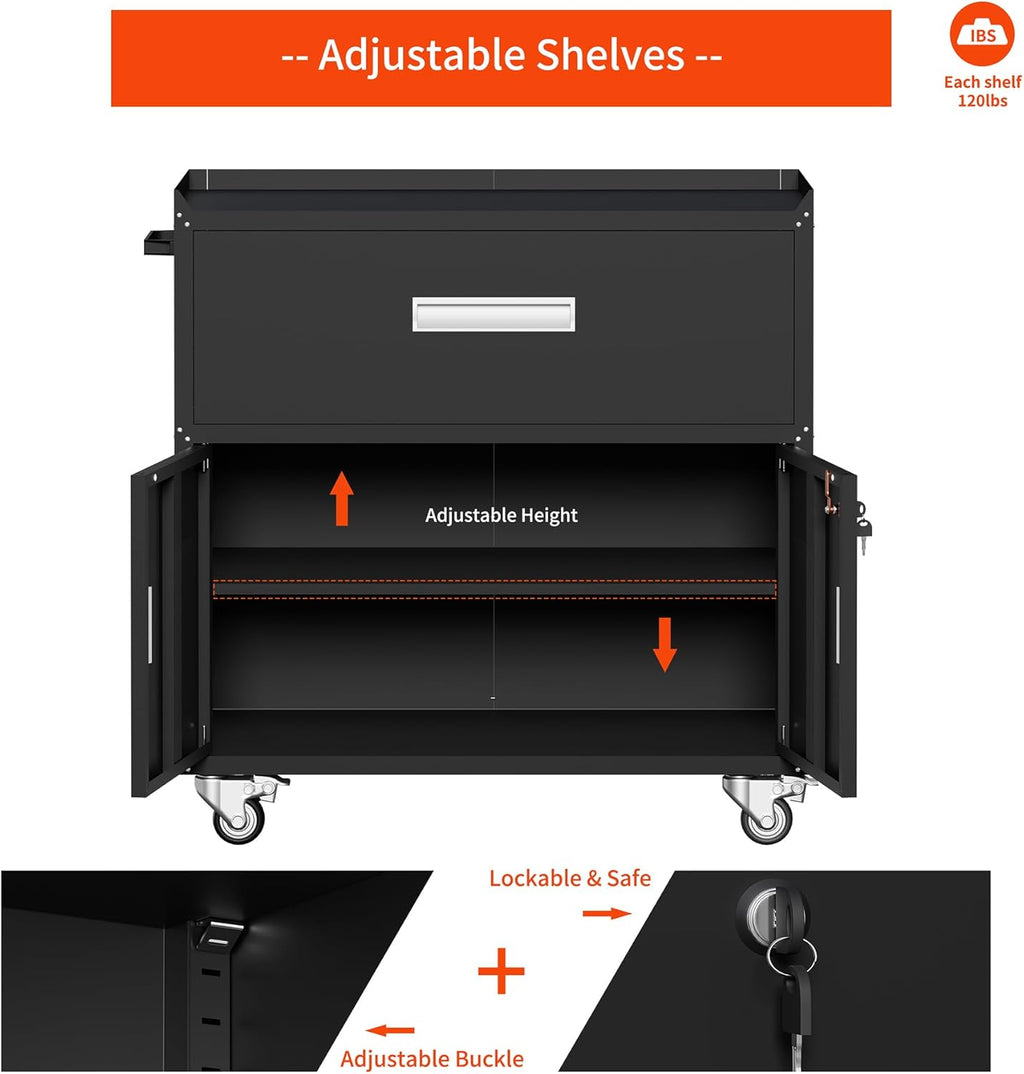 Metal Garage Storage Cabinet with Wheels ，Rolling Toolbox with Lockable Drawer, Utility Cabinet for Home, Office, Garage and Workshop (Black)
