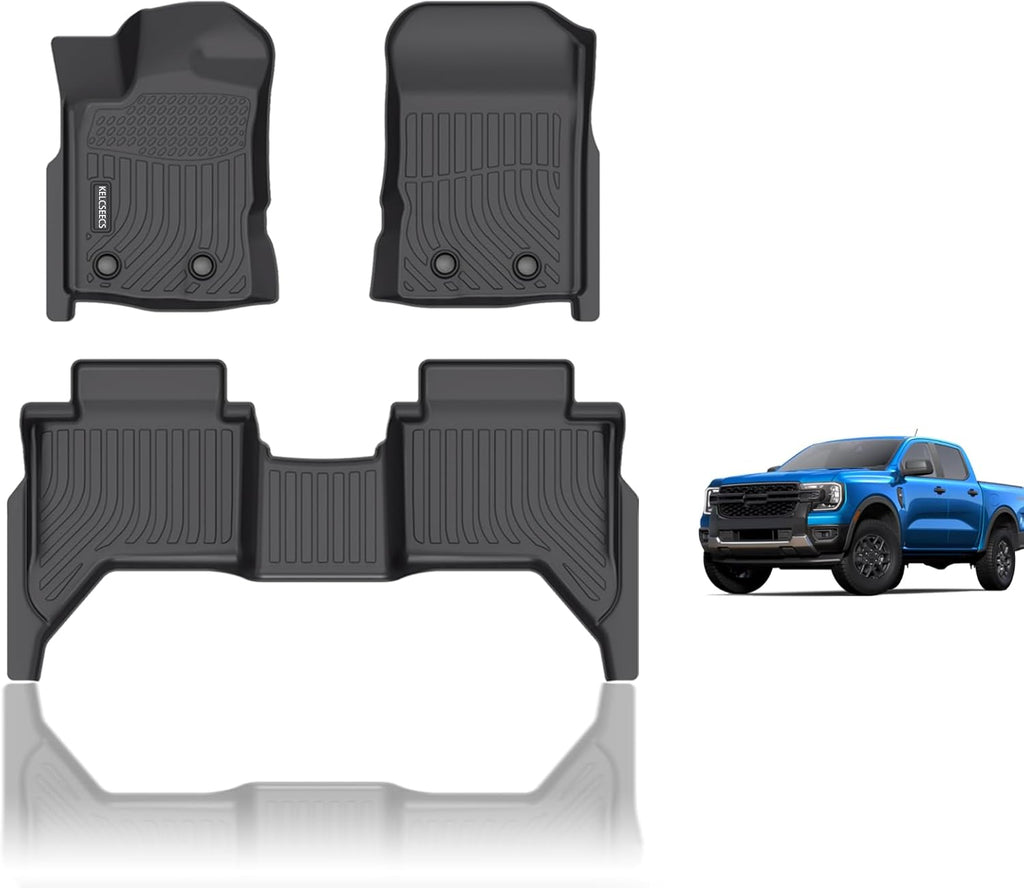 KELCSEECS® Floor Mats Custom for Ford Ranger SuperCrew Cab 2019-2023 All Weather Protection TPE Heavy Duty Non-Slip Automotive Floor Liners Fits Front & 2nd Row Full Set Accessories, Black
