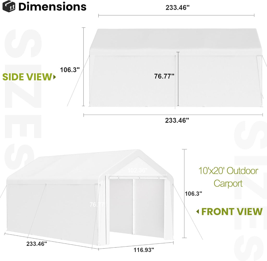 GOJOOASIS 10x20 Carport Heavy Duty Portable Garage Shelter Metal Car Canopy Tent with UV-Resistant & Weatherproof Top Cover for RV & Vehicles (White, 10x20 with sidewalls)