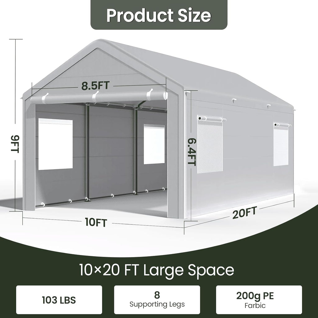 Carport 10x20 Ft, Heavy Duty Car Canopy with Reinforced Ground Bar, Portable Garage with Roll-up Windows and Removable Sidewalls, Galvanized Car Shelter, Large Outdoor Storage Shed (Grey)