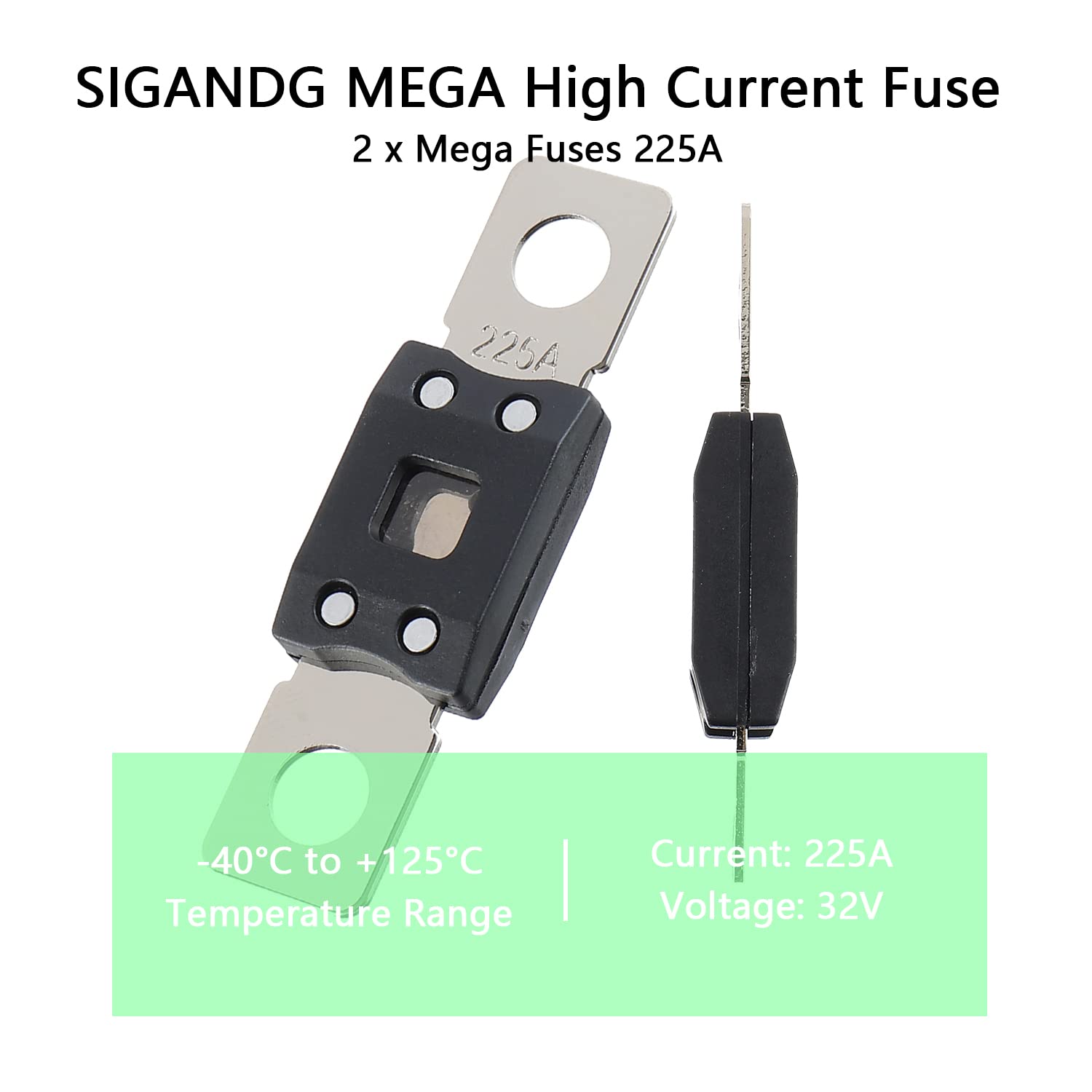 225A MEGA High Current Fuse - 225 Amp Bolt-on Fuse for Cars, Trucks, Construction Vehicles, Buses, Caravans (2 Pcs)