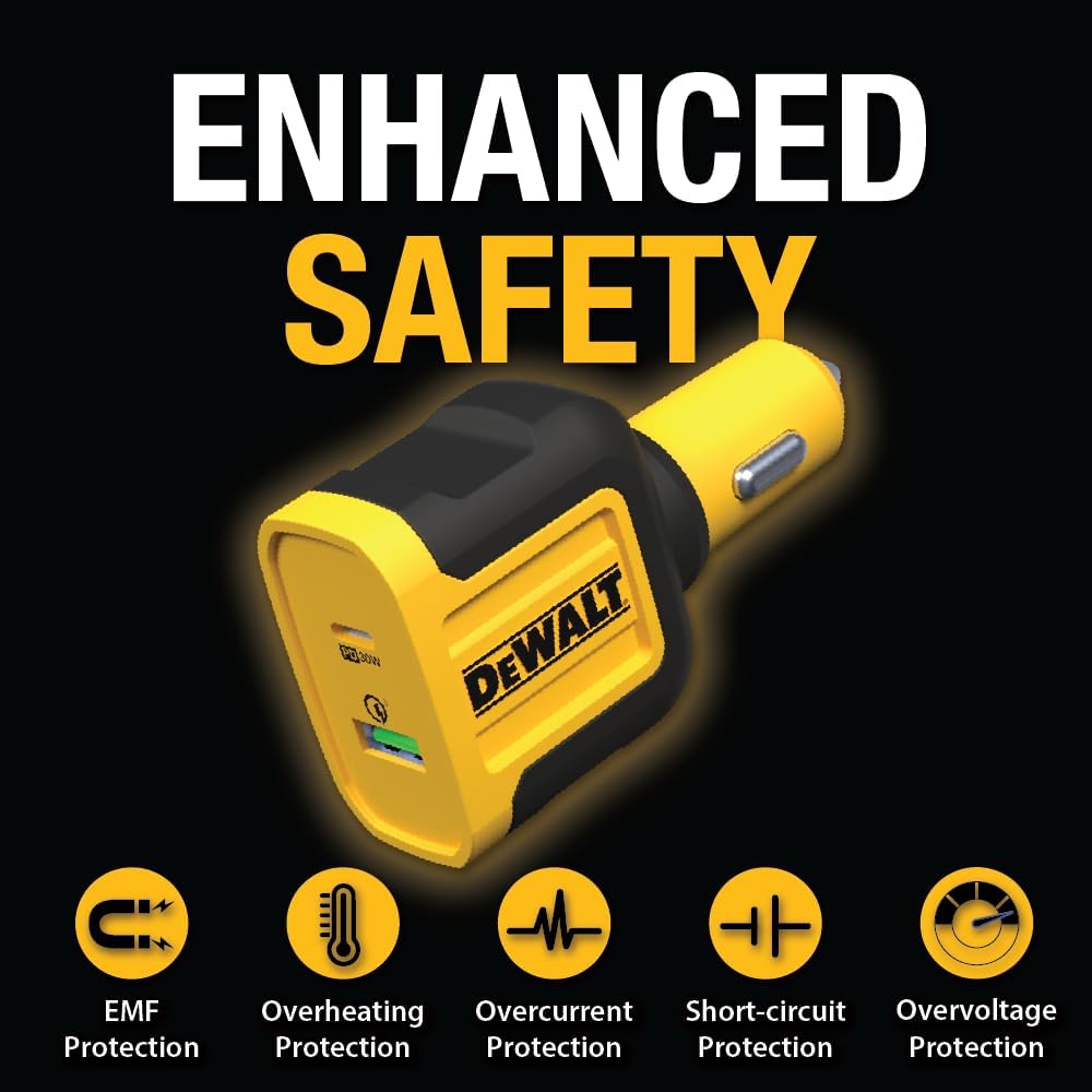 DEWALT Heavy Duty USB + USB C Car Charger Adapter, 49.5W Cigarette Lighter USBA Charger, PD Car Charging Adapter PPS 30W Quick Charge 3.0 Fast Charging for iPhone 16/15 Pro Max, Samsung Galaxy, Pixel