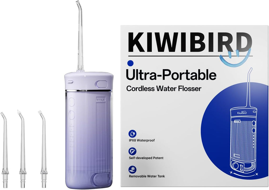 KIWIBIRD Mini Water Flosser for Travel, Ultra-Portable Cordless Oral Irrigator with UVC Light, IPX8 Waterproof 3 Modes, 230mL Teeth Cleaner for Tonsil Stones & Braces Care - Home & Travel (Purple)