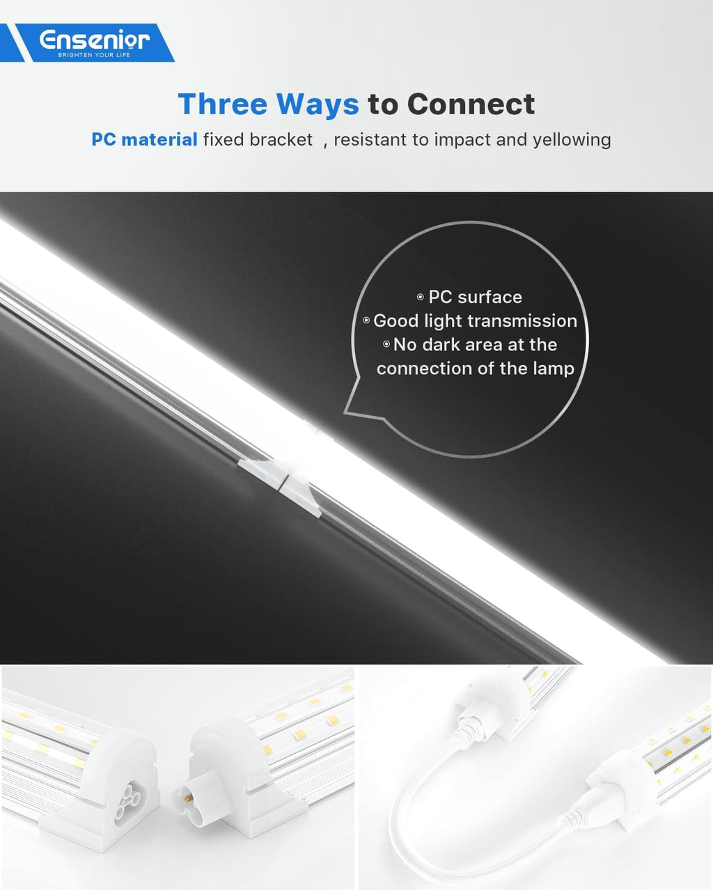 Ensenior 6 Pack 4 FT Led Shop Lights, 6000K Clear White, 5000LM Super Bright, 36W Equivalency 468W, Commercial Bay Lighting, U-Shaped Linkable Shop Lights Plug in for Garage, Workshop, FCC Certified