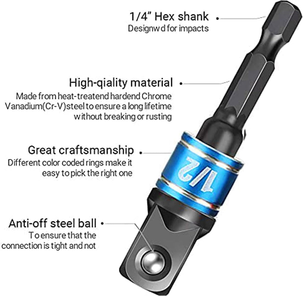 Impact Grade Socket Adapter Set - 3 Pcs Extension Drill Bit Socket Wrench Adapter for Impact Driver 1/4 3/8 1/2" Drive, 105 Degree Right Angle Drill Attachment for Household Workplace Industry