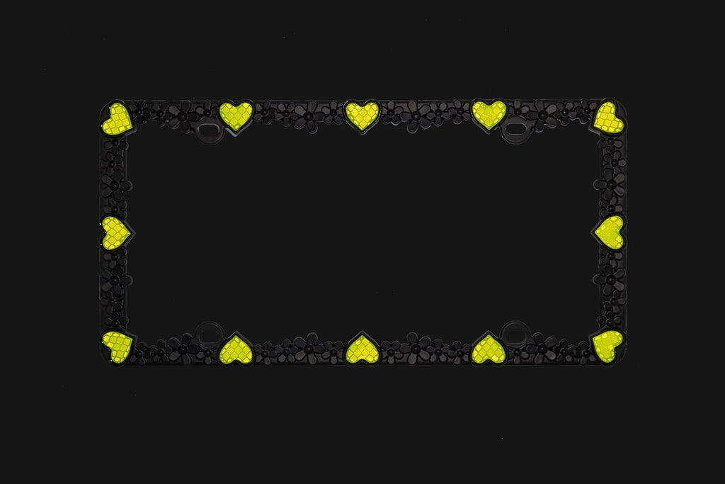 Creathome 3D Daisy Heart License Plate Frame from Pure Zinc Alloy Metal Perfect Plate Holder, Matt Black Daisy with Yellow Reflective Heart
