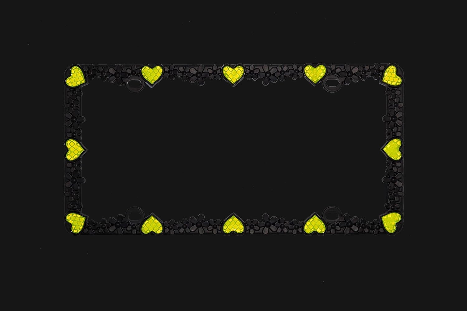 Creathome 3D Daisy Heart License Plate Frame from Pure Zinc Alloy Metal Perfect Plate Holder, Matt Black Daisy with Yellow Reflective Heart
