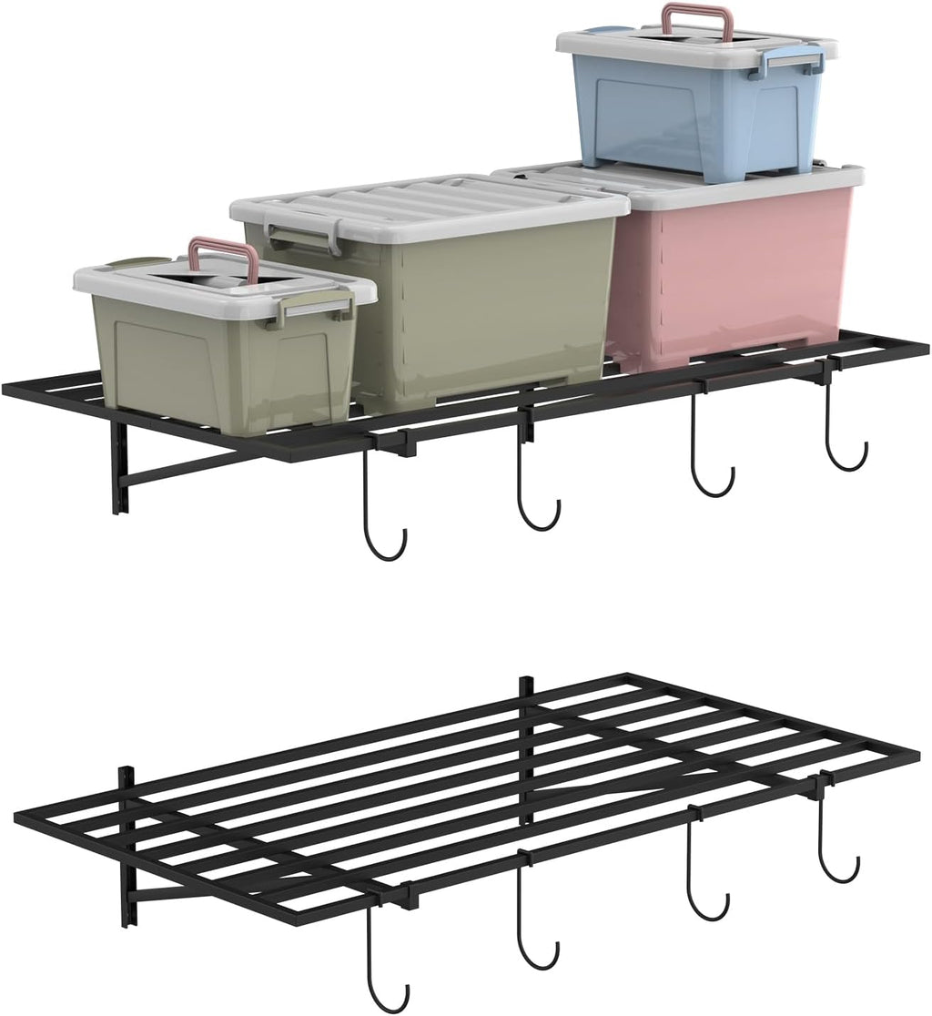 PEKGRIL Garage Wall Shelving Set of 2, 2X4 ft, Black, Contemporary Style, Heavy Duty, 2 Shelves, 8 Hooks, 260 lbs Capacity Each, Wall-Mounted, Metal, Alloy Steel, 2 Count