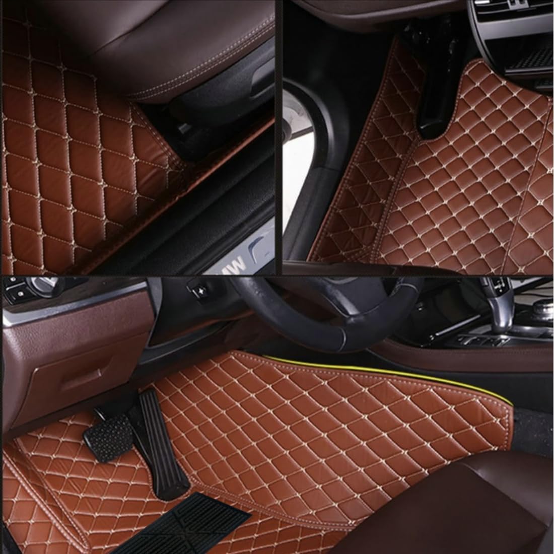 Custom Personalized Floor Mats for Cars，Luxury Full Coverage All Car Floor Mats，Anti-Slip Leather Car Mat Set ，Custom Floor Mats for 99% of Cars, Trucks & SUVs. (Brown and Black)