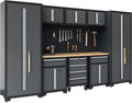 Garage Storage Cabinet System 9-Pcs Workshop Set Garage Cabinets and Storage System with Steel Cabinet Drawers, Rolling Chest, Workbench, Pegboard for Garage Tool Organization, Black and Grey