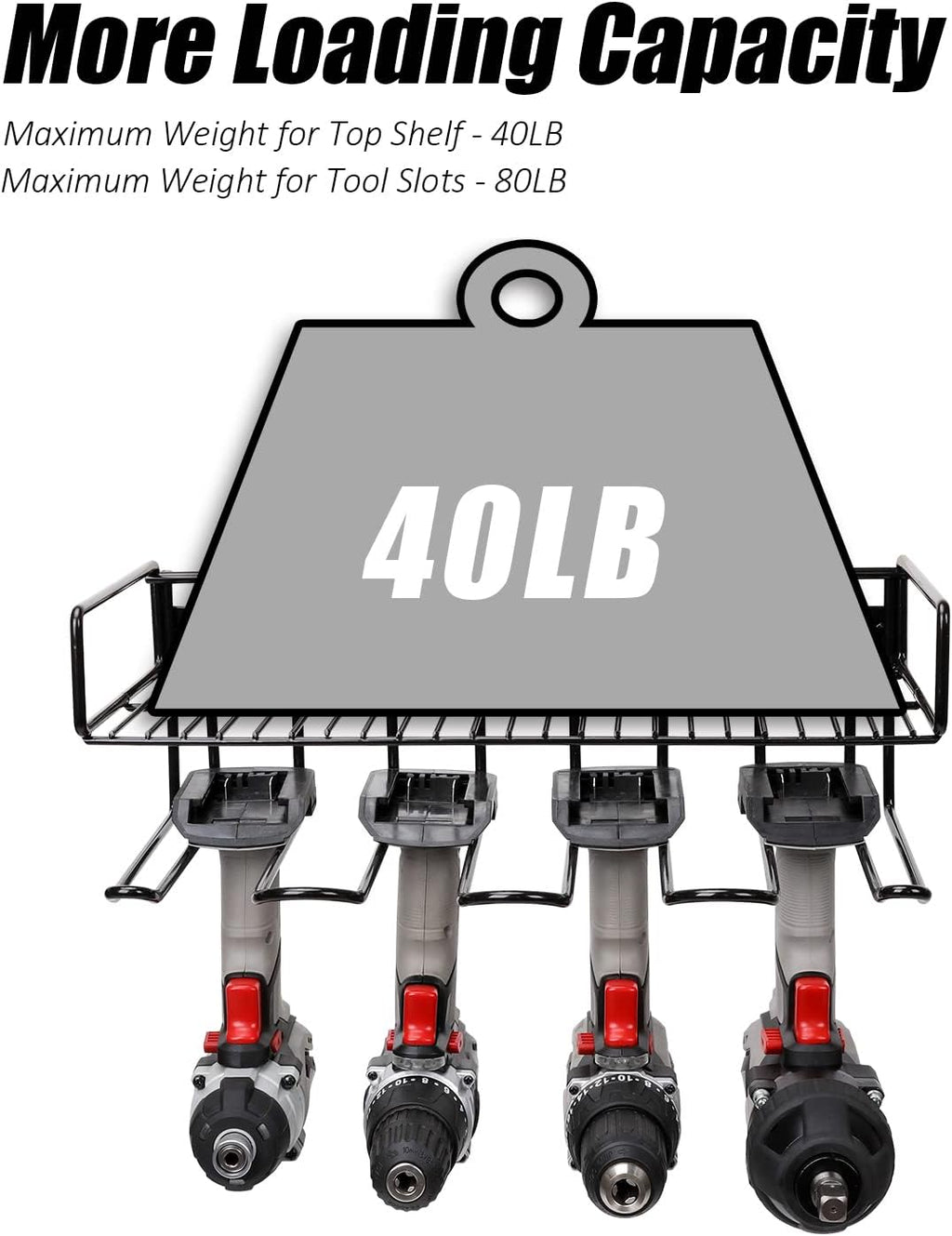 Heavy Duty Tool Organizer, 16"W x 7.48"H x 5.51"D, 4 Wall Mount Anchors, 3.95" Between Slots, Sturdy Steel Construction, Ideal for Power Tools
