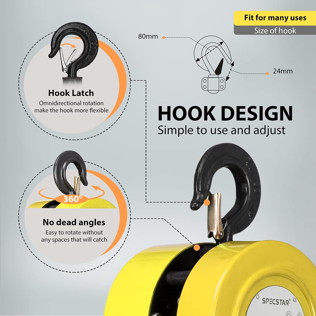 SPECSTAR Hand Chain Hoist 1 Ton 2200 Lbs Capacity 10 Feet with 2 Heavy Duty Hooks, Manual Chain Fall for Warehouse Building Automotive Machinery Yellow