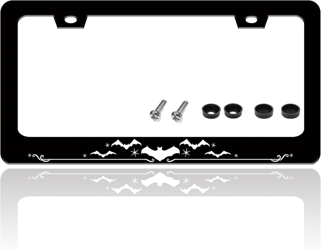 Bat License Plate Frame Funny Gothic Style License Plate Holder Animal for Front or Rear Car Tags Reusable Durable Stainless Steel Car Decoration with Screws 6.3 X 12.2 Inch for Men Women