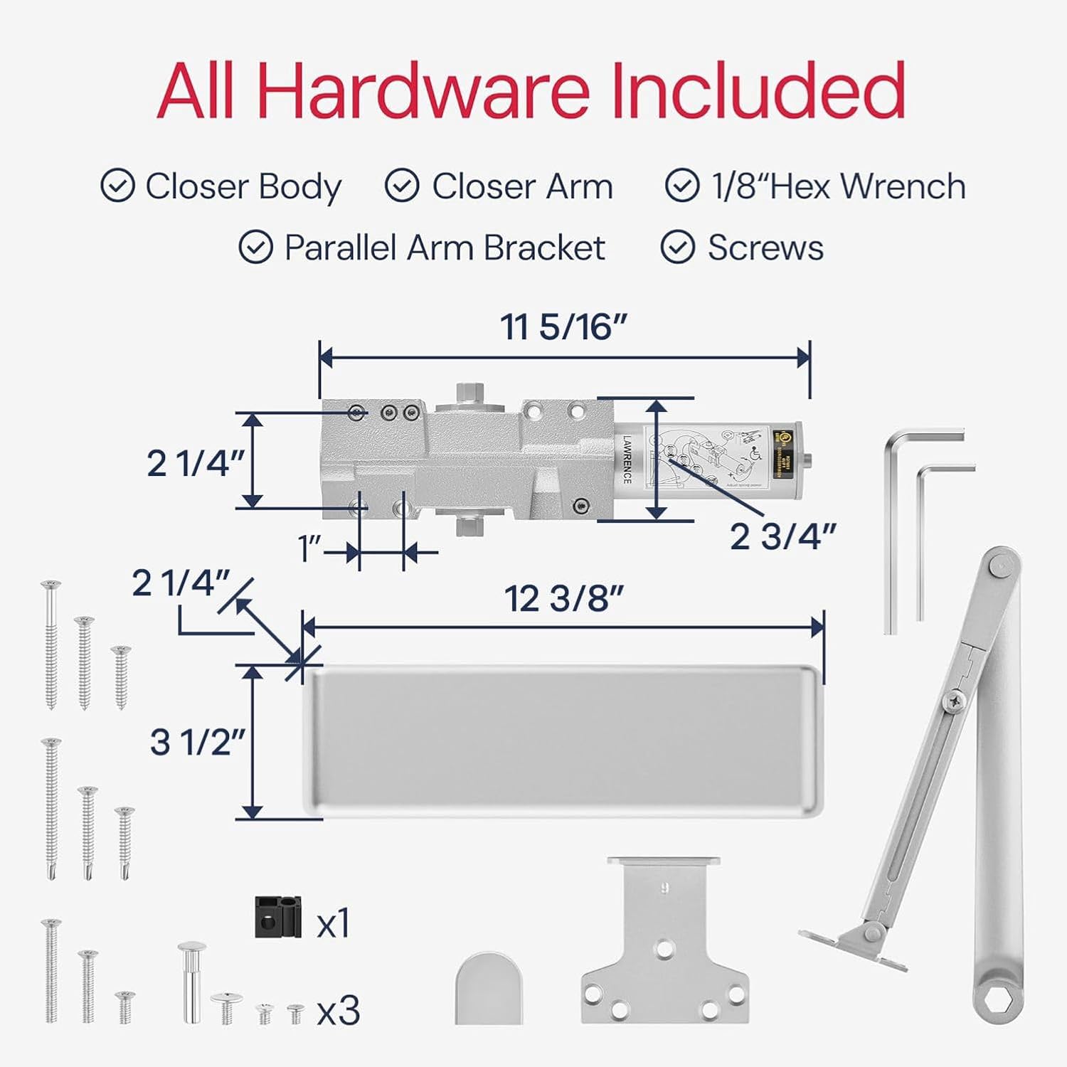 Lawrence Extra Heavy Duty Door Closer Commercial Grade 1 - Adjustable 6-Speed Delayed-Action Door Control with 3 Pistons – Flexible Installation with Included Hardware - Embassy Series LH8016