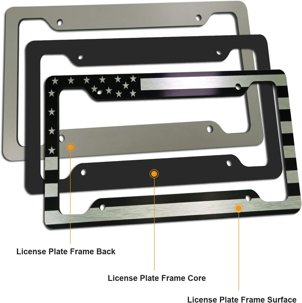 Flag License Plate Frame- USA Patriotic Personalized Car Tag Holder, 4 Hole Black Heavy-Duty Aluminum Bracket, Novelty Thin Cover for Front Bumper, Truck or SUV, Screws, Caps, Flag Decal