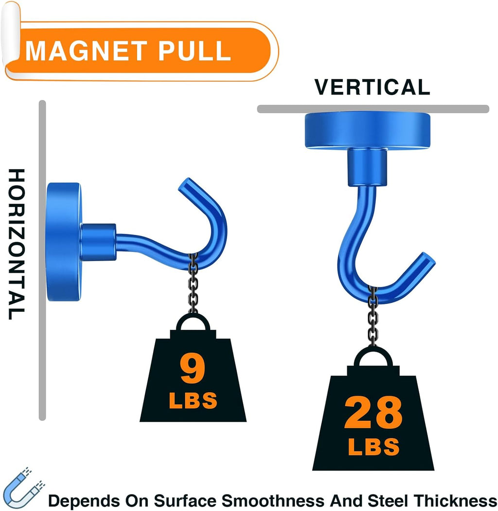 MIKEDE Magnetic Hooks Heavy Duty, 28LB+ Strong Magnets with Hook for Fridge, Neodymium Extra Strength Industrial Hooks for Hanging, Magnetic Hanger for Toolbox, Cruise, Grill(Blue,4 Pack)