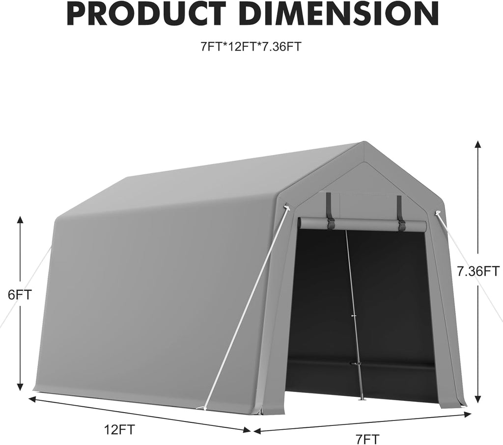 TrailBlaze 7x12ft Outdoor Portable Storage Shelter Shed, Carport Storage Shed with Roll-up Zipper Door & Vents, Heavy Duty Portable Garage with UV Resistant and Waterproof Tarp for Motorcycle