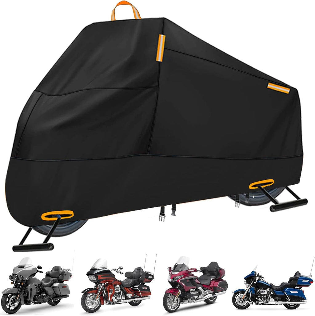 Motorcycle Cover Waterproof Outdoor, 300D Heavy Duty Motorcycle Cover for Harley Davidson Electra Glide Ultra Limited CVO Road Street Glide Honda Gold Wing Protection Fits up to 116" - Black