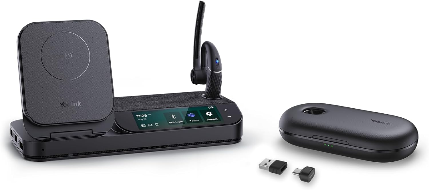Yealink Bluetooth Headset Workstation, Office Wireless Headset with Mic, Speakerphone, Wireless Charging Pad, Charging Case, USB-C/A Dongle,Connect to Desk Phone, PC, Work with Teams Zoom
