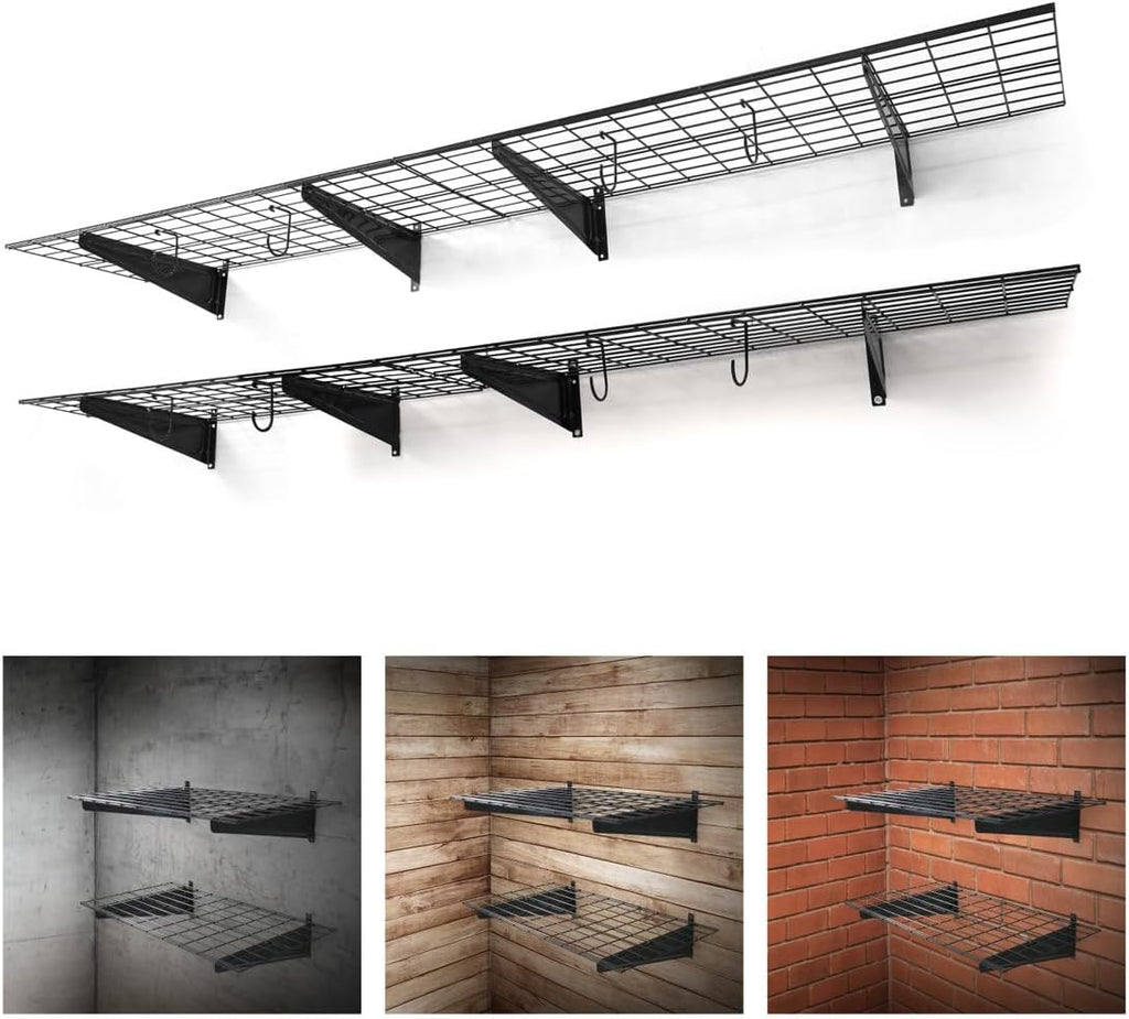Fencer Wire 96 in. W x 18 in. D Wall Mounted Garage Wall Shelving w/ 4 Hooks, Black Wall Shelf, Heavy Duty Garage Wall Storage System, Garage Organizer Floating Shelves, 1000lb Weight Capacity