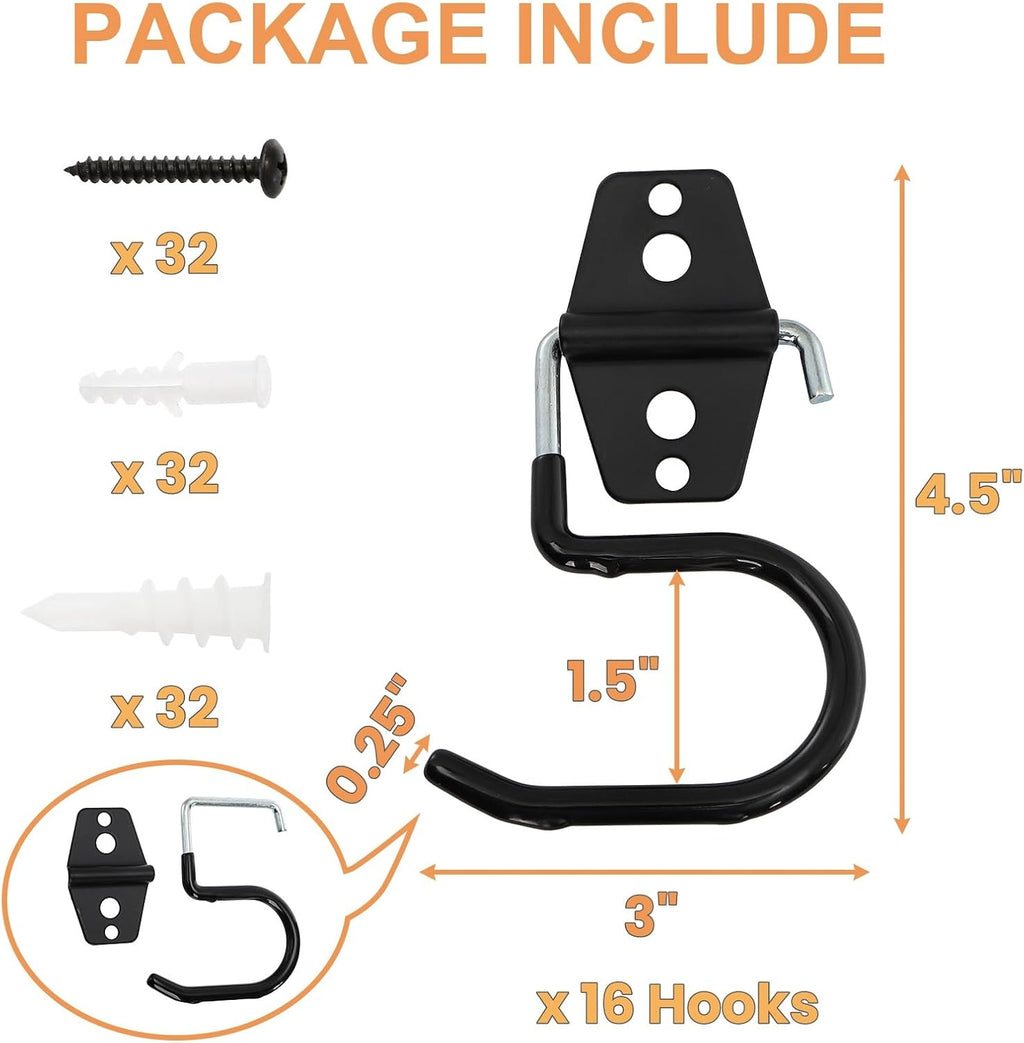 16 Pack Metal Broom Hooks, Heavy Duty Garage Holder Wall Mount, S Type Anti-Slip Mop Rack, Cleaning Tools Holder Storage Organizer Hanger for Shovel Rakes Shed Garden Lawn Yard