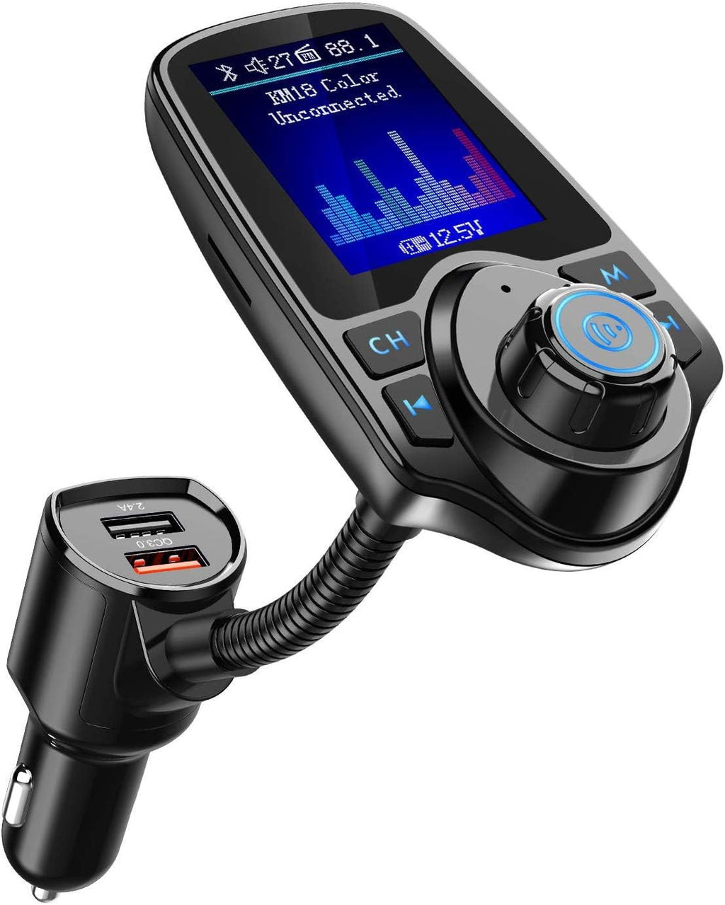 Nulaxy Bluetooth FM Transmitter for Car, 1.8" Color Screen Radio Adapter W QC3.0 & 5V/2.4A Charging, Handsfree Call, Support microSD Card, Aux Play, EQ Modes - KM18 [Upgraded Version] Black
