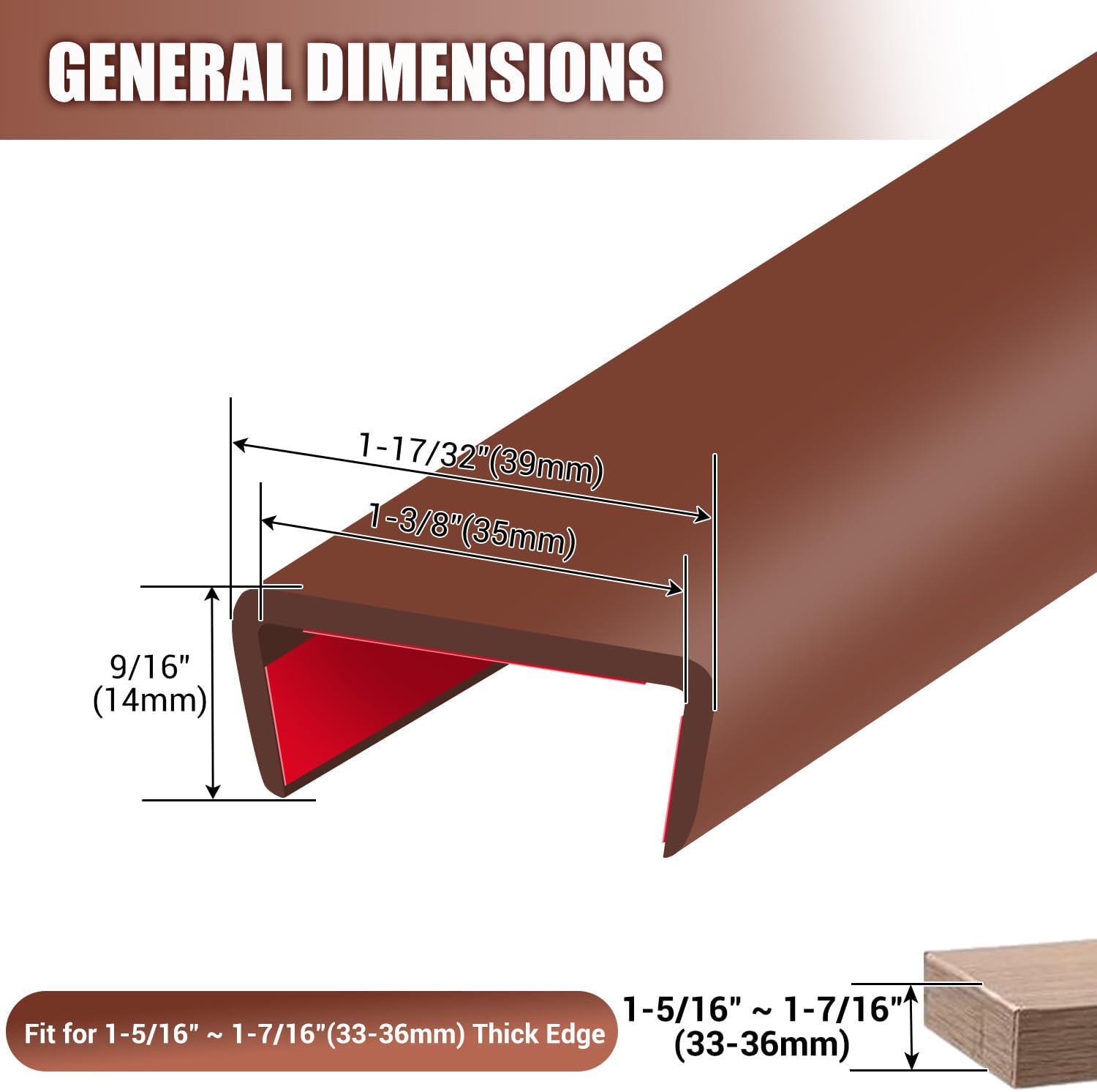 Rubber Edge Trim, Flexible Self Adhesive U Shaped Peel and Stick Edge Banding, 1-3/8"(35mm) U Channel Edge Protector for Door Sides, Edge Guards for Woods, Furniture, 20Ft, Brown Color