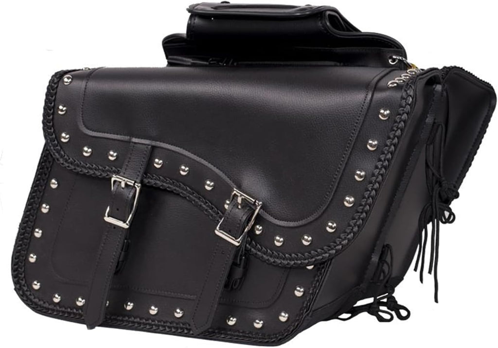 GARGOYLE BELLS Motorcycle Saddle Bags Synthetic Leather Motorcycle Luggage Bag Waterproof Throw Over Saddlebags For Softails Sportsters Choppers Dyna V-star Shadow (With Studs, Black, 16"x13"x11.5")