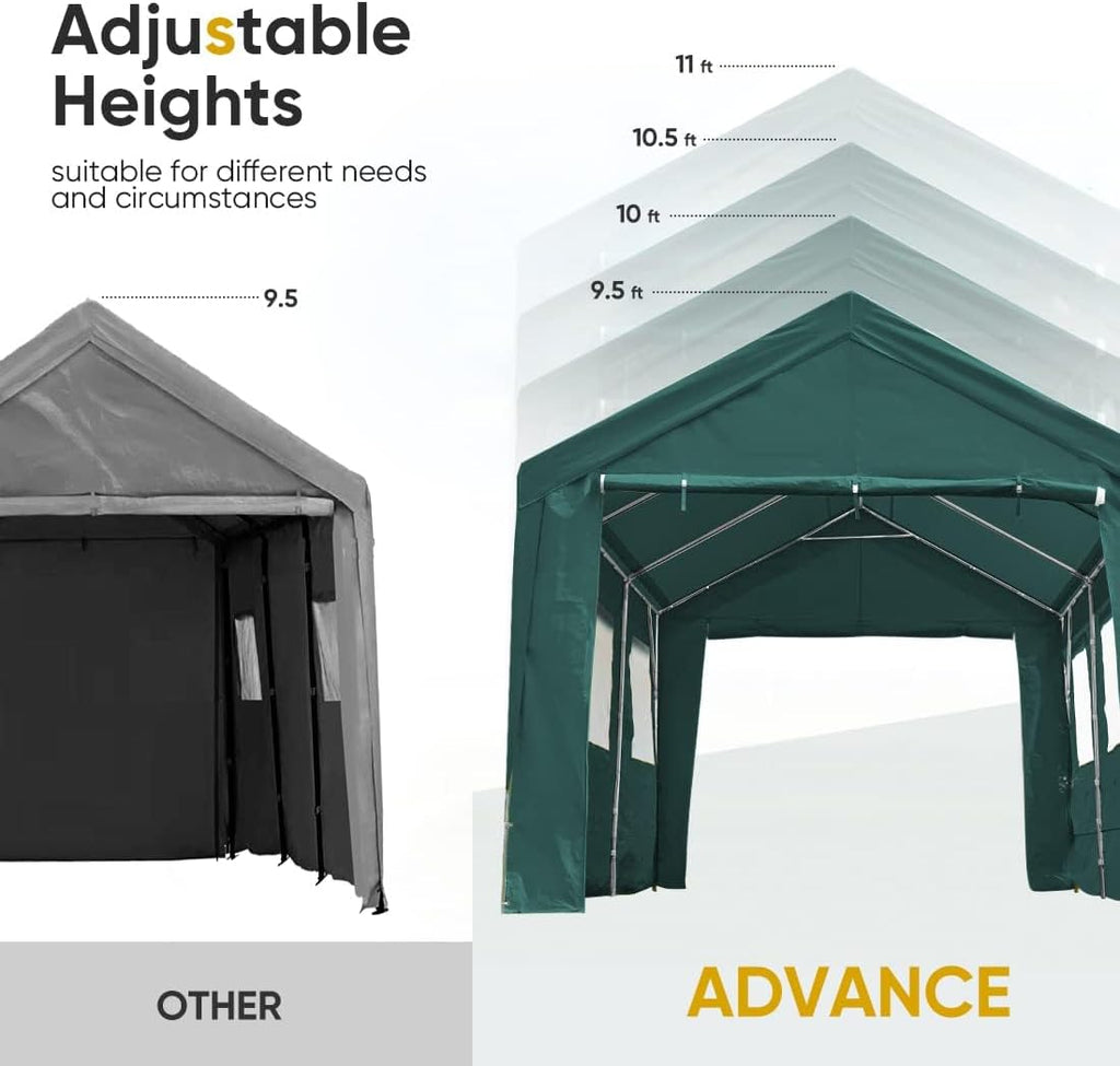 ADVANCE OUTDOOR 10x20 ft Adjustable Height Carport with Removable Window Sidewalls and Doors, Heavy Duty Car Canopy Garage Party Tent Boat Shelter with Reinforced Poles, Green