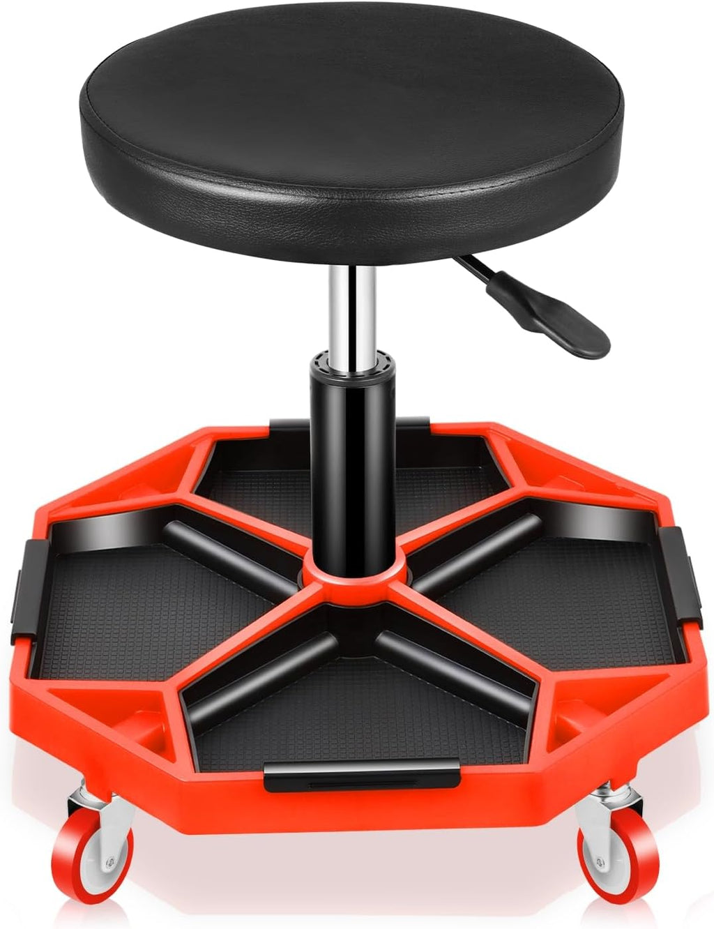 Auto Dynasty Mechanic Stool, Adjustable Rolling Pneumatic Creeper Garage Shop Seat with Tool Tray, 300 LBS Roller Seat for Workshop Auto Repair, Adjustable Height 15.7" to 21", Black/Red