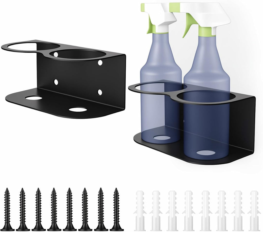 2 Pack Spray Bottle Holder Wall Mount, Metal Aerosol Spray Can Holder Rack Organizer with Double Holes, Heavy Duty Paint Bottle Can Storage Rack with Hardware Easy Install for Garage Home Workspace