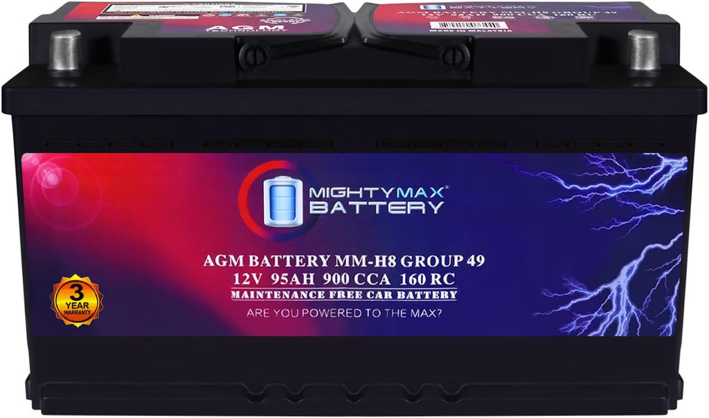 Mighty Max Battery MM-H8 Start and Stop Car BCI Group 49 12V 95Ah, 160RC, 900 CCA Rechargeable AGM Car Battery
