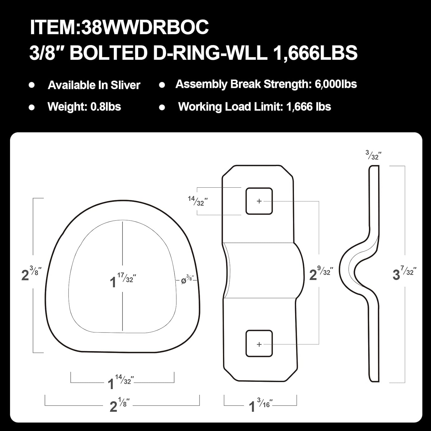D-Rings, Truck Tie Downs Anchor 3/8" Heavy Duty 6000 Pound Steel Tie-Down Ring for Loads on Trucks, Trailers, Boats, RV Campers, Vans;for Kayaks, Motorcycles, Deliveries, ATVs （Pack of 6）