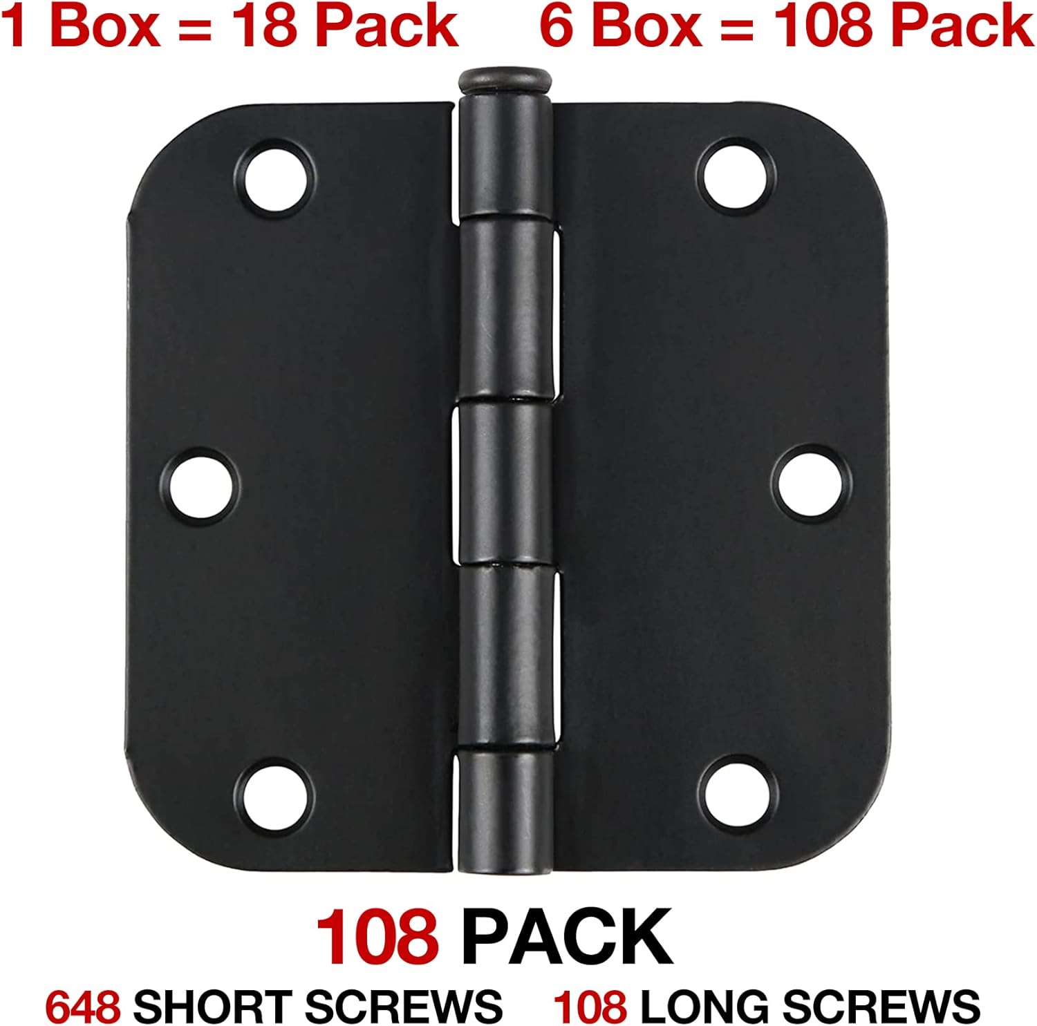 108 Pack Rounded Matte Black Door Hinges 3.5 Inch 5/8" Radius for Interior 3 1/2" Flat Iron Bifold Residential Standard Hinge Bedroom Indoor for Doors 3 ½"Hardware Heavy Duty Steel Regular Home Kit